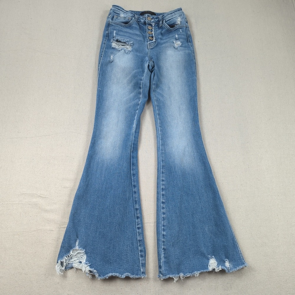 Flying Monkey Jeans Womens 24 Blue High Rise Flare Stretch Hippie Boho Frayed